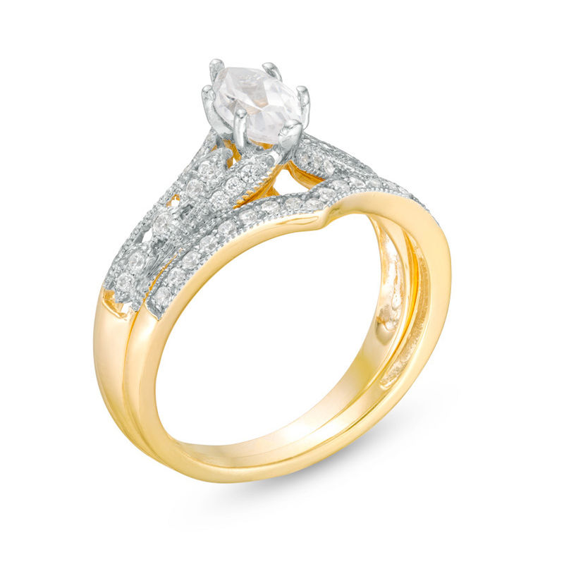 Marquise Lab-Created White Sapphire and 0.12 CT. T.W. Diamond Vintage-Style Bridal Set in 10K Gold