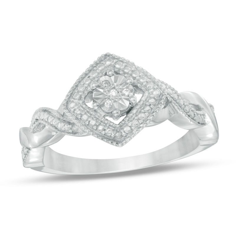 Diamond Accent Tilted Cushion Frame Twist Shank Ring in Sterling Silver|Peoples Jewellers