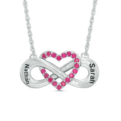 Couple's Simulated Birthstone Heart with Infinity Necklace in Sterling Silver (1 Stone and 2 Names)