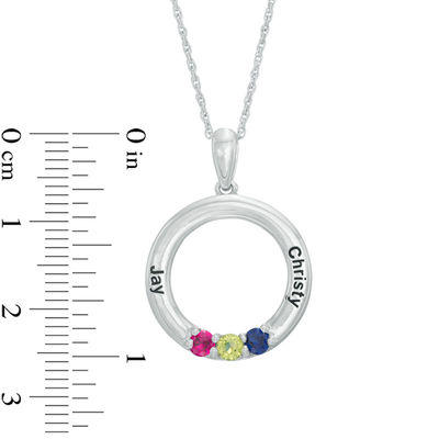 Mother's Simulated Birthstone Circle Pendant in Sterling Silver (3 Stones and 2 Names)