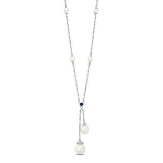 Vera Wang Love Collection Freshwater Cultured Pearl and 0.09 CT. T.W. Diamond Lariat Necklace in Sterling Silver-19"