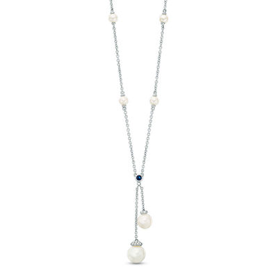 Vera Wang Love Collection Freshwater Cultured Pearl and 0.09 CT. T.W. Diamond Lariat Necklace in Sterling Silver-19"