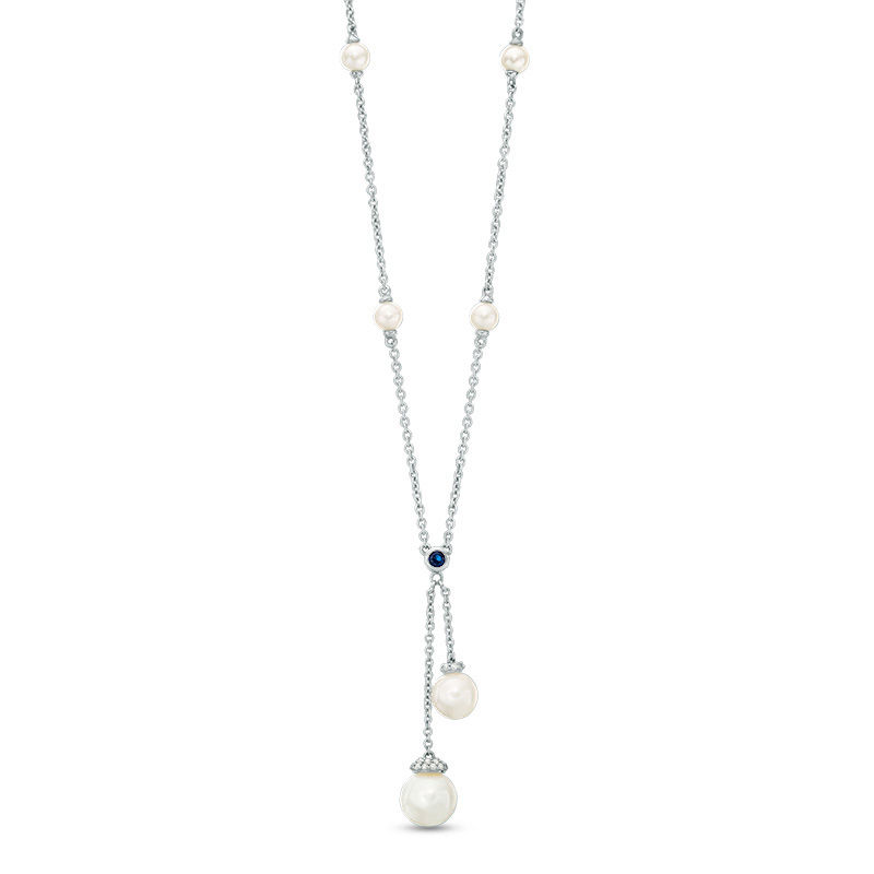 Vera Wang Love Collection Freshwater Cultured Pearl and 0.09 CT. T.W. Diamond Lariat Necklace in Sterling Silver-19"