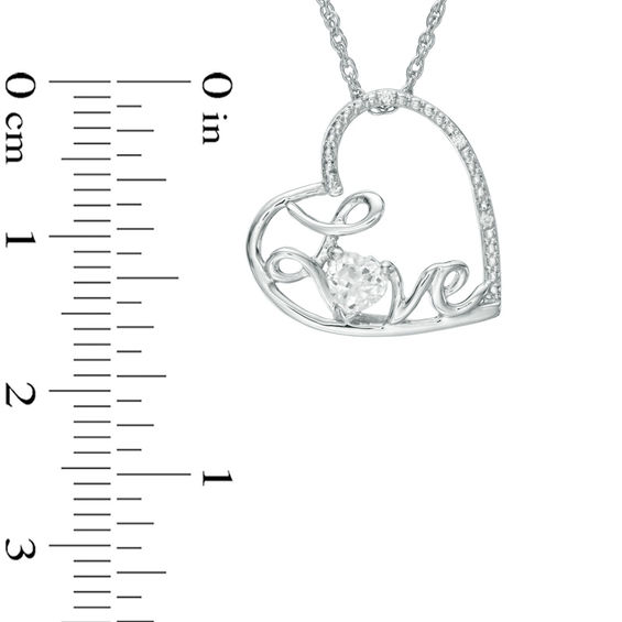 4.0mm Lab-Created Sapphire and Diamond Accent Cursive "Love" Tilted Heart Pendant in Sterling Silver