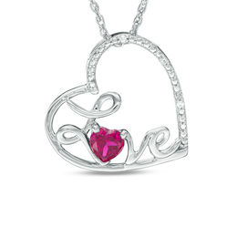 4.0mm Lab-Created Ruby and Diamond Accent Cursive &quot;Love&quot; Tilted Heart Pendant in Sterling Silver