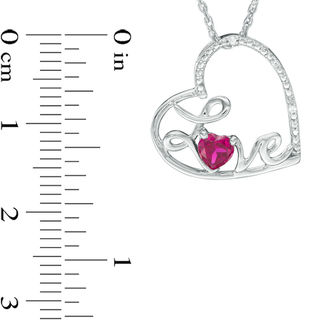 4.0mm Lab-Created Ruby and Diamond Accent Cursive "Love" Tilted Heart Pendant in Sterling Silver