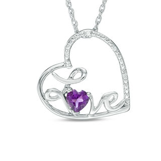 4.0mm Amethyst and Diamond Accent Cursive "Love" Tilted Heart Pendant in Sterling Silver