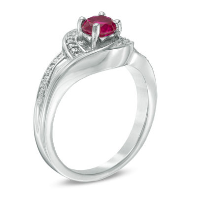 5.0mm Lab-Created Ruby and Diamond Accent Swirl Frame Split Shank Ring in Sterling Silver