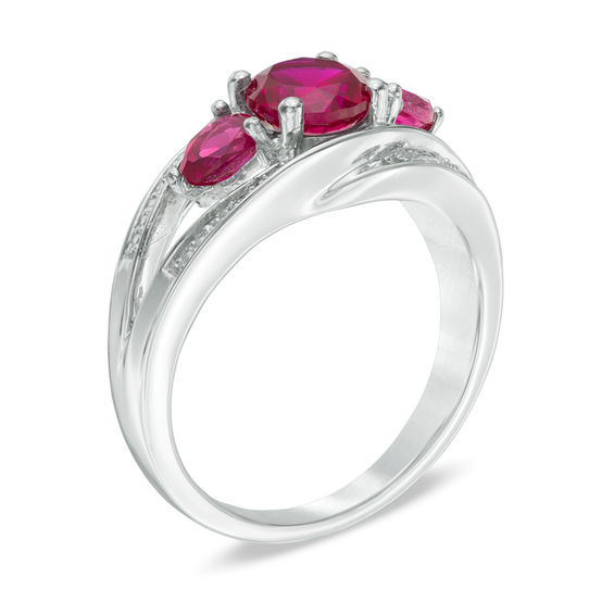 6.0mm Lab-Created Ruby and Diamond Accent Split Shank Three Stone Ring in Sterling Silver