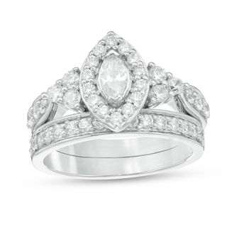 1.20 CT. T.W. Marquise Diamond Frame Tri-Sides Bridal Set in 10K White Gold