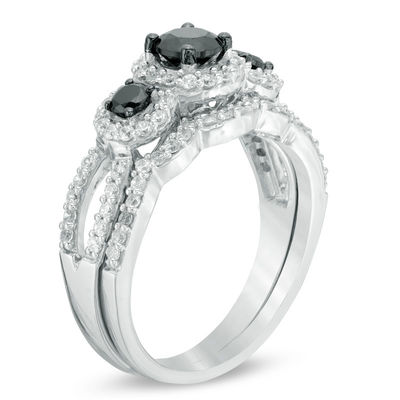 0.95 CT. T.W. Enhanced Black and White Diamond Three Stone Frame Bridal Set in 10K White Gold