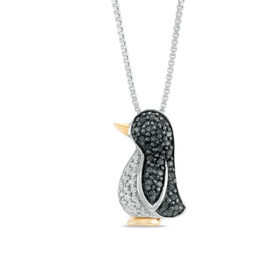 0.23 CT. T.W. Enhanced Black and White Diamond Penguin Pendant in Sterling Silver and 14K Gold