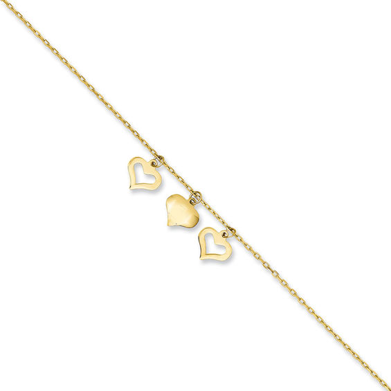 Triple Heart Dangle Adjustable Anklet in 14K Gold - 10"