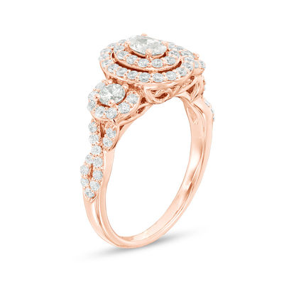 0.95 CT. T.W. Certified Oval Diamond Past Present Future® Frame Engagement Ring in 14K Rose Gold (I/I2)