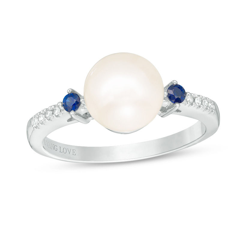 Main Image 1 of Vera Wang Love Collection Freshwater Cultured Pearl, Blue Sapphire and Diamond Accent Ring in Sterling Silver