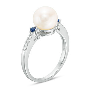 Vera Wang Love Collection Freshwater Cultured Pearl, Blue Sapphire and Diamond Accent Ring in Sterling Silver