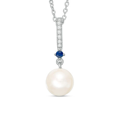 Vera Wang Love Collection Freshwater Cultured Pearl, Blue Sapphire and Diamond Accent Pendant in Sterling Silver-19"