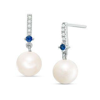 Vera Wang Love Collection Freshwater Cultured Pearl, Blue Sapphire and Diamond Accent Drop Earrings in Sterling Silver