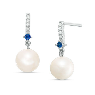 Vera Wang Love Collection Freshwater Cultured Pearl, Blue Sapphire and Diamond Accent Drop Earrings in Sterling Silver