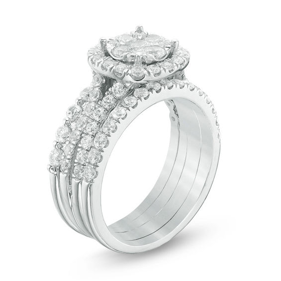 2.00 CT. T.W. Composite Diamond Frame Three Piece Bridal Set in 14K White Gold