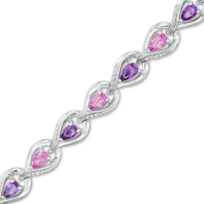 Amethyst, Lab-Created Pink Sapphire and 0.15 CT. T.W. Diamond Link Bracelet in Sterling Silver - 7.5"|Peoples Jewellers