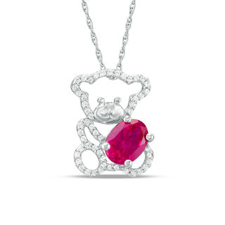 Oval Lab-Created Ruby and 0.18 CT. T.W. Diamond Teddy Bear Pendant in Sterling Silver