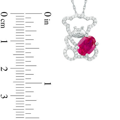 Oval Lab-Created Ruby and 0.18 CT. T.W. Diamond Teddy Bear Pendant in Sterling Silver