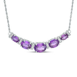 Oval Amethyst and 0.09 CT. T.W. Diamond Graduated Five Stone Necklace in Sterling Silver