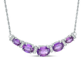 Oval Amethyst and 0.09 CT. T.W. Diamond Graduated Five Stone Necklace in Sterling Silver