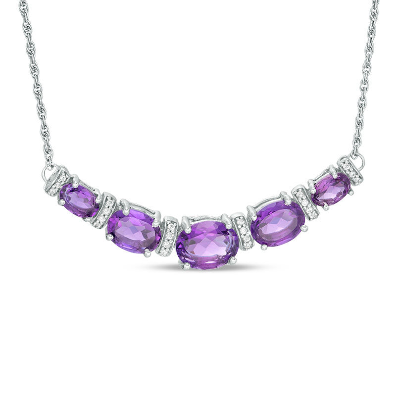 Oval Amethyst and 0.09 CT. T.W. Diamond Graduated Five Stone Necklace in Sterling Silver|Peoples Jewellers