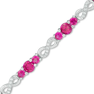 Lab-Created Ruby and White Sapphire Three Stone Infinity Bracelet in Sterling Silver - 7.5"