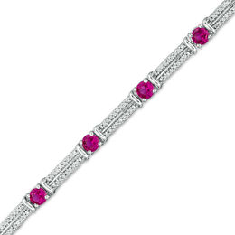 Lab-Created Ruby and 0.45 CT. T.W. Diamond Station Bracelet in Sterling Silver - 7.5&quot;