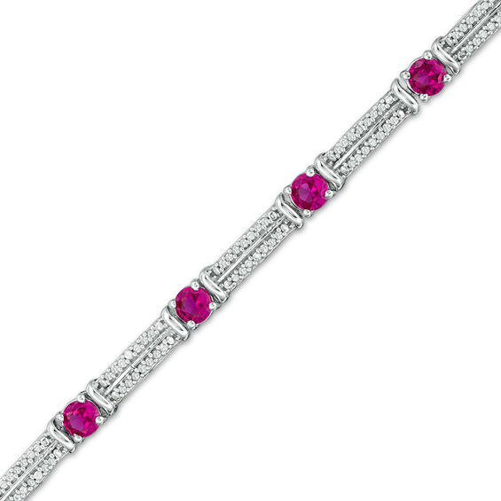 Lab-Created Ruby and 0.45 CT. T.W. Diamond Station Bracelet in Sterling Silver - 7.5"