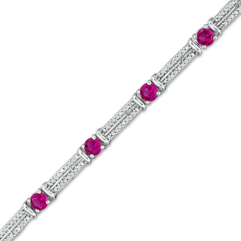 Lab-Created Ruby and 0.45 CT. T.W. Diamond Station Bracelet in Sterling Silver - 7.5"|Peoples Jewellers