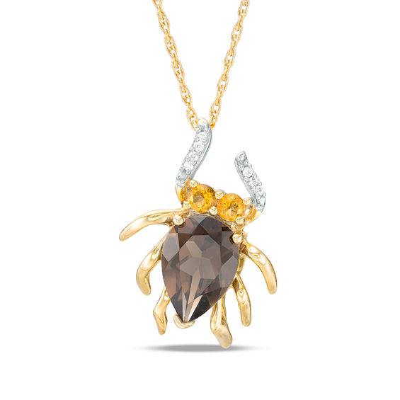 Pear-Shaped Smoky Quartz, Citrine, and Diamond Accent Spider Pendant in 10K Gold