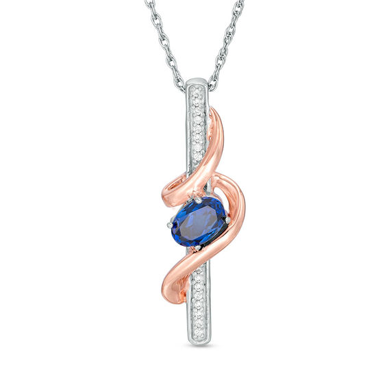 Oval Lab-Created Blue Sapphire and Diamond Accent Linear Swirl Pendant in Sterling Silver and 10K Rose Gold