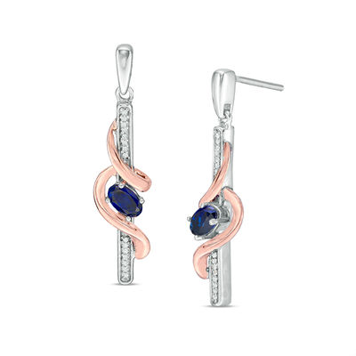 Oval Lab-Created Blue Sapphire and Diamond Accent Linear Swirl Drop Earrings in Sterling Silver and 10K Rose Gold