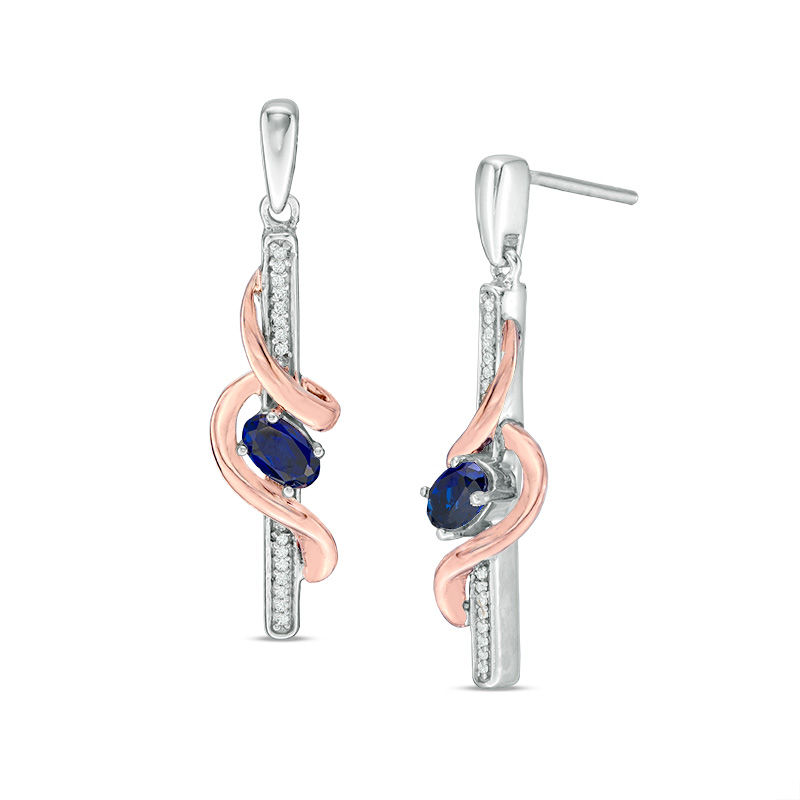 Oval Lab-Created Blue Sapphire and Diamond Accent Linear Swirl Drop Earrings in Sterling Silver and 10K Rose Gold|Peoples Jewellers
