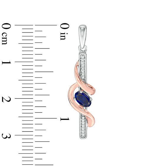 Oval Lab-Created Blue Sapphire and Diamond Accent Linear Swirl Drop Earrings in Sterling Silver and 10K Rose Gold