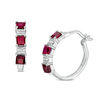 Princess-Cut Lab-Created Ruby and Diamond Accent Three Stone Hoop Earrings in Sterling Silver