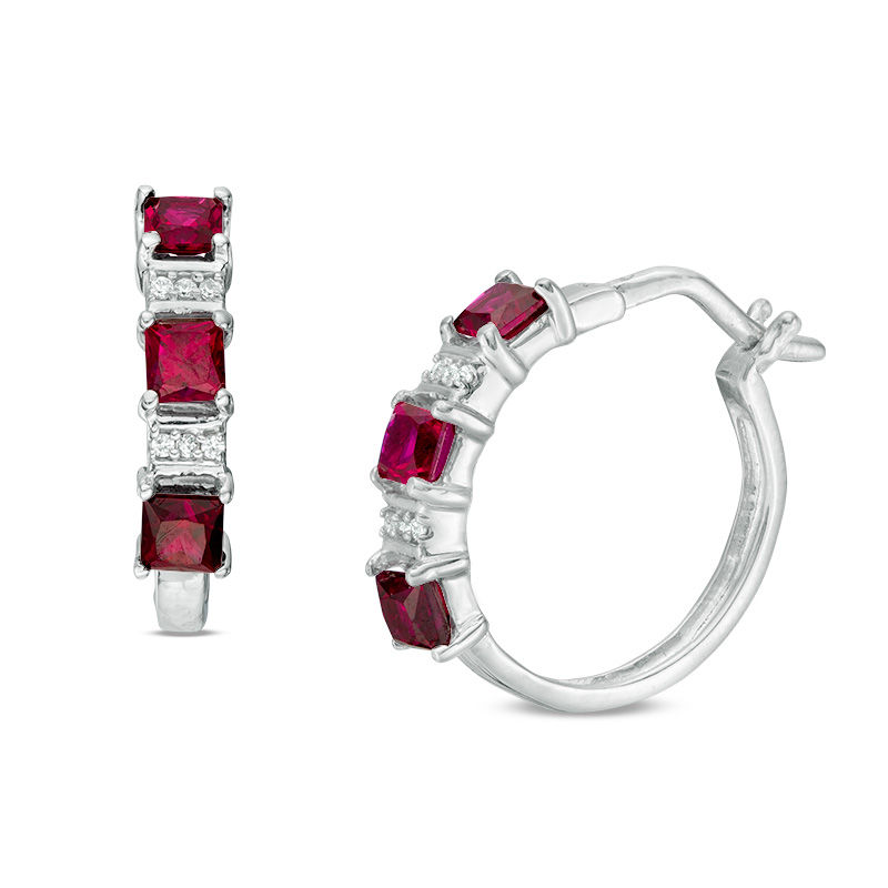 Princess-Cut Lab-Created Ruby and Diamond Accent Three Stone Hoop Earrings in Sterling Silver|Peoples Jewellers