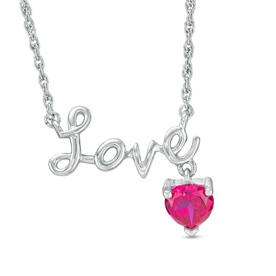 6.0mm Heart-Shaped Lab-Created Ruby Charm and Cursive "Love" Necklace in Sterling Silver