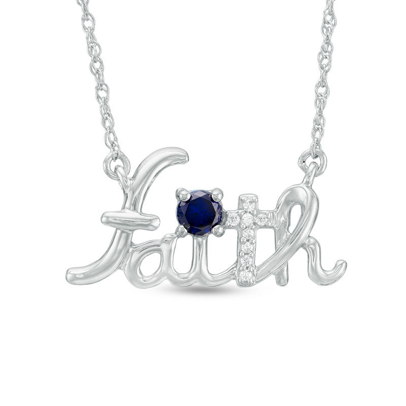 Lab-Created Blue Sapphire and Diamond Accent Cursive "faith" Necklace in Sterling Silver|Peoples Jewellers