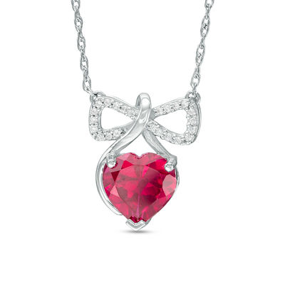 8.0mm Heart-Shaped Lab-Created Ruby and Diamond Accent Bow Necklace in Sterling Silver