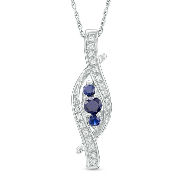 Lab-Created Blue Sapphire and Diamond Accent Three Stone Swirl Pendant in Sterling Silver|Peoples Jewellers