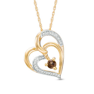 Smoky Quartz and Diamond Accent Tilted Double Heart Pendant in 10K Gold