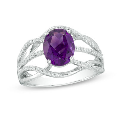 Oval Amethyst and 0.18 CT. T.W. Diamond Layered Crossover Ring in Sterling Silver