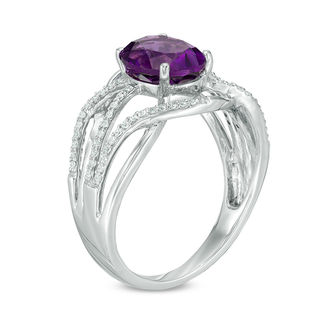 Oval Amethyst and 0.18 CT. T.W. Diamond Layered Crossover Ring in Sterling Silver