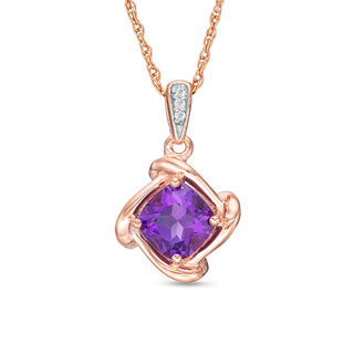 6.0mm Cushion-Cut Amethyst and Diamond Accent Tilted Swirl Frame Pendant in 10K Rose Gold