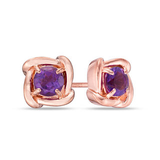 5.0mm Cushion-Cut Amethyst Swirl Frame Stud Earrings in 10K Rose Gold